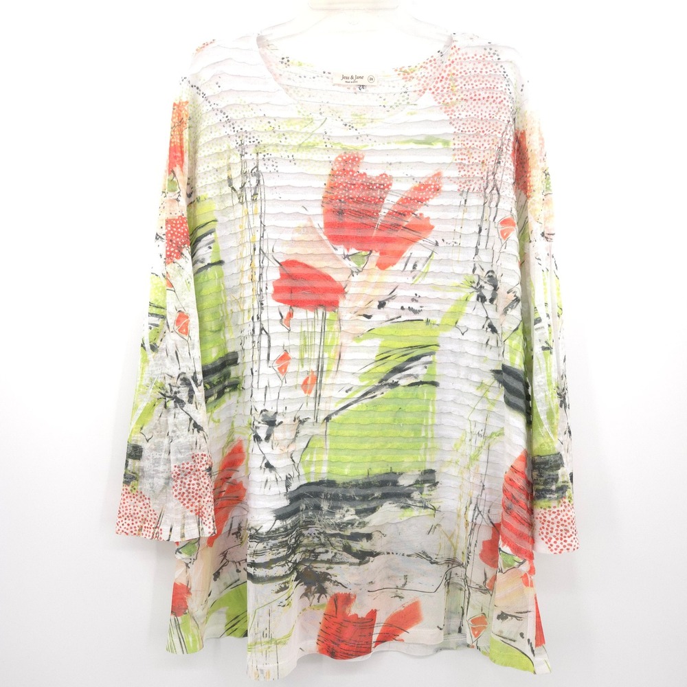Jess & Jane Tunic Top Womens 2X Multicolor Abstract Floral Burnout mesh hem